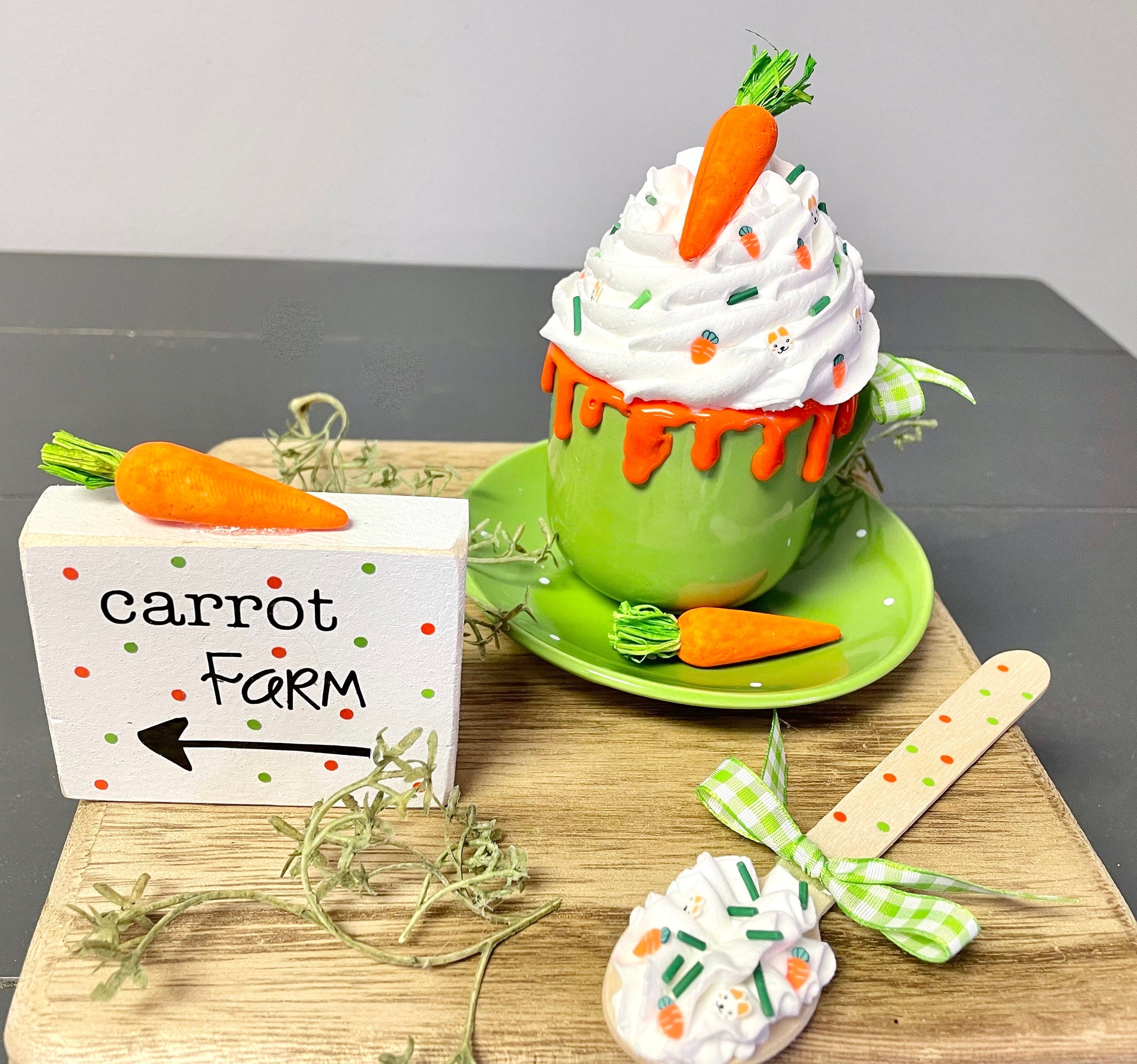 Carrot tiered tray mug, Easter decor, Carrot farm, Faux whipped cream, Wooden spoon, mug and saucer