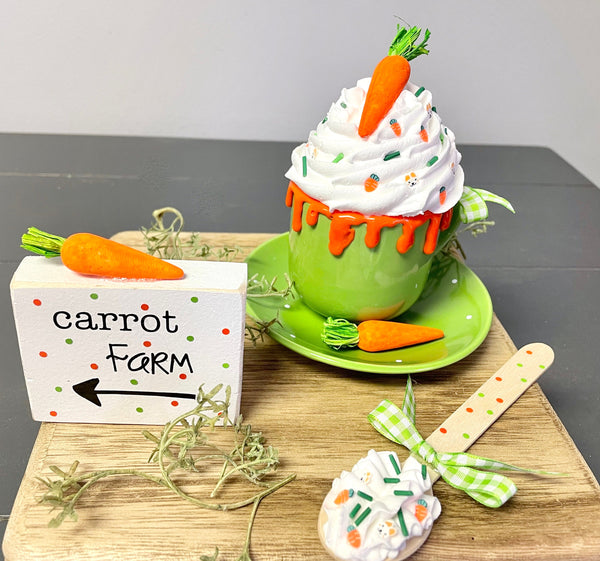 Carrot tiered tray mug, Easter decor, Carrot farm, Faux whipped cream, Wooden spoon, mug and saucer