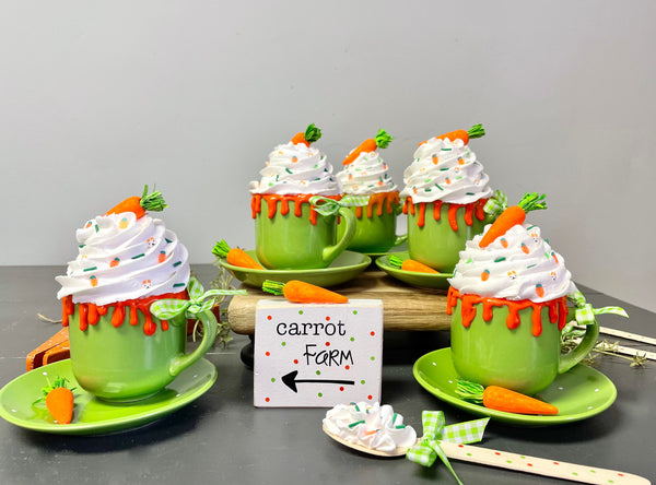 Carrot tiered tray mug, Easter decor, Carrot farm, Faux whipped cream, Wooden spoon, mug and saucer