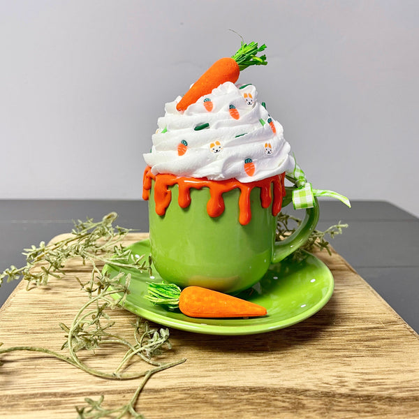 Carrot tiered tray mug, Easter decor, Carrot farm, Faux whipped cream, Wooden spoon, mug and saucer
