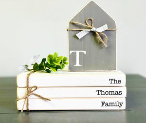 Personalized wooden books,  5x7 book stack, farmhouse decor, faux books, Housewarming gift, Wooden house