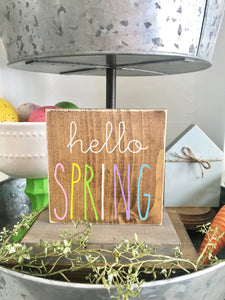 Tiered tray sign- mini- wooden sign, Easter decor- Spring- Easter sign-  Hello spring- Farmhouse-Tiered tray- coffee bar- wooden block