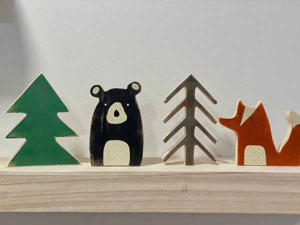 Woodland nursery decor, Wooden bear, Fox, Mountains, Wood trees,  Modern nursery, Baby shower gift, Wooden animals for nursery, Boy room