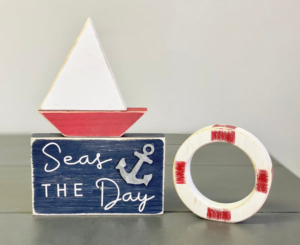 Nautical tiered tray, Wood sailboat, Life ring, Nautical decor, Seas the day,  Lake house, Cottage, Anchor sign