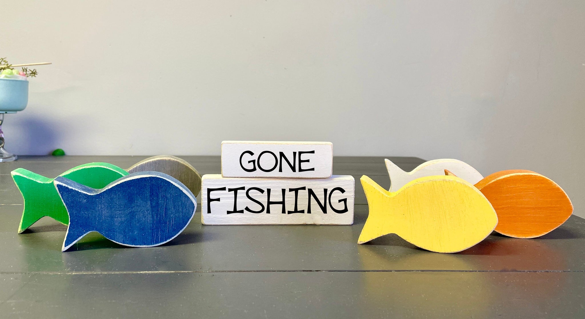 Gone fishing, Wooden fish, Nursery decor, Nautical tiered tray, Father's day gift, Cottage decor, Fishing sign