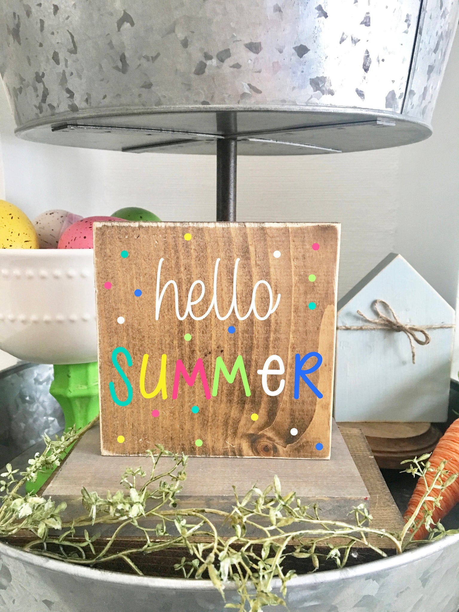 Hello summer wooden sign, Tiered tray sign, Summer decor, Rainbow colors