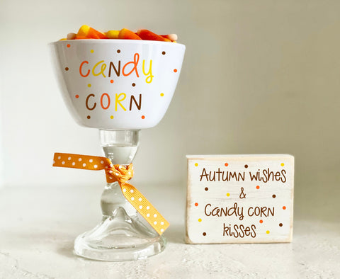 Candy corn bowl, Fall decor, Autumn centerpiece, Wood sign, Autumn wishes, Candy corn kisses, Tiered tray, Halloween bowl, Party decor