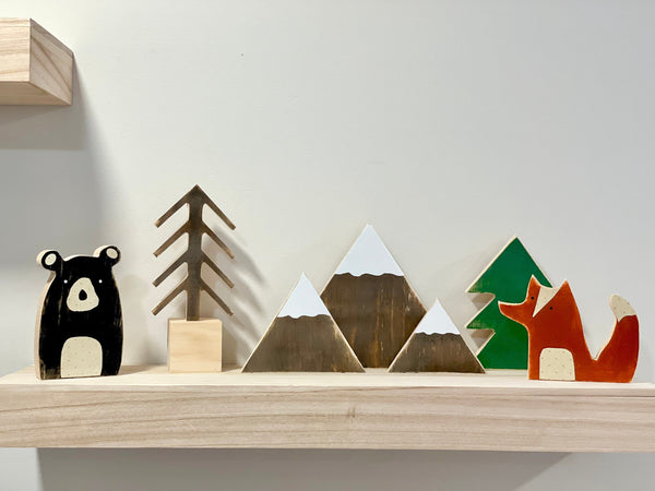 Woodland nursery decor, Wooden bear, Fox, Mountains, Wood trees,  Modern nursery, Baby shower gift, Wooden animals for nursery, Boy room