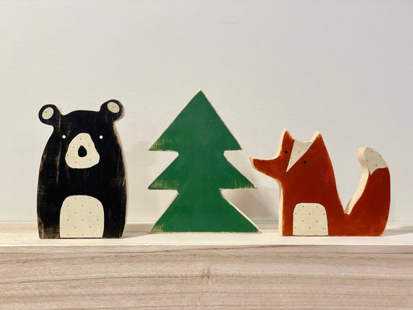 Woodland nursery decor, Wooden bear, Fox, Mountains, Wood trees,  Modern nursery, Baby shower gift, Wooden animals for nursery, Boy room