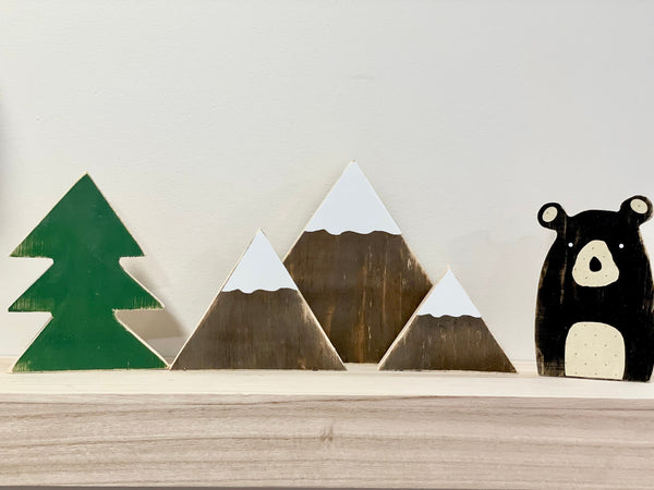 Woodland nursery decor, Wooden bear, Fox, Mountains, Wood trees,  Modern nursery, Baby shower gift, Wooden animals for nursery, Boy room