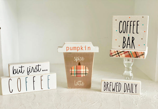 Pumpkin spice coffee bar bundle, Wood coffee to go cup, Fall decor, Fall tiered tray, Coffee bar signs