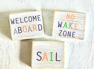 Boat signs, Set of 3 mini blocks, Sailing sign bundle, Nautical decor, Rustic beach sign, Summer tiered tray decor