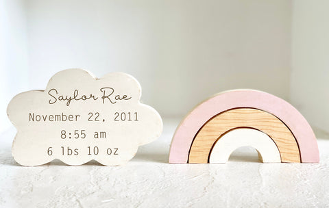 Wooden rainbow baby announcement, Wood cloud, Personalized birth stats, Girl nursery, Baby shower gift,  Baby keepsake