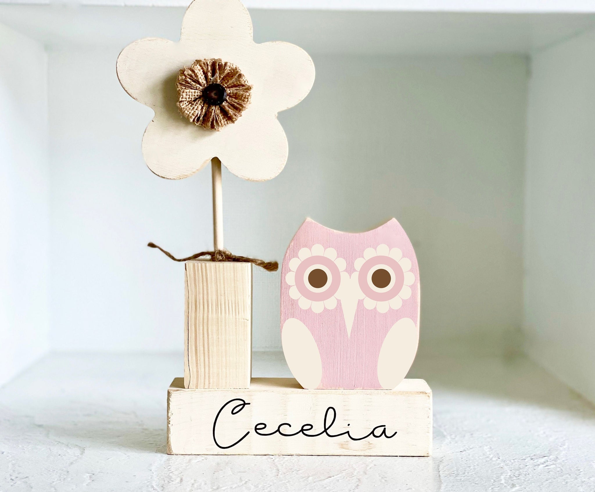 Wooden owl, Nursery decor,  Personalized, Wood flower, Modern nursery, Baby shower gift, Name block, baby girl, Woodland