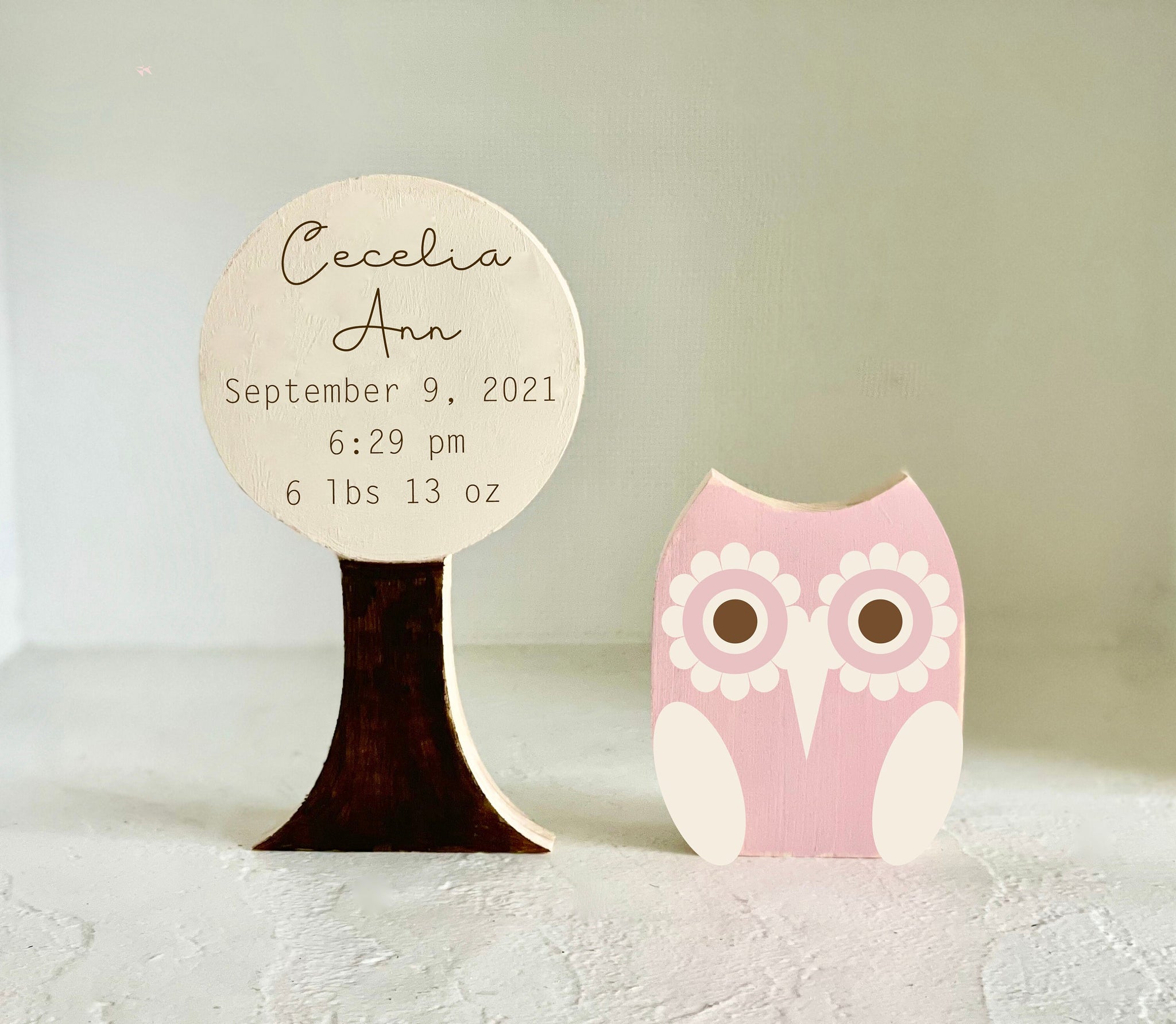 Wooden owl  baby announcement, Wood tree, Personalized birth stats, Woodland, Modern,  Girl nursery, Baby shower gift,  Baby keepsake