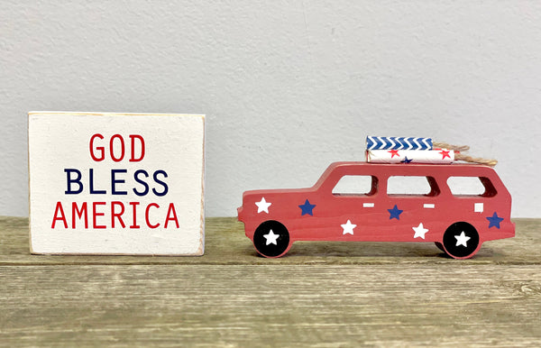 Patriotic red station wagon, 4th of July decor, Wood station wagon, Tiered tray decor, Faux firecrackers, God bless America sign