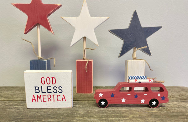 Patriotic red station wagon, 4th of July decor, Wood station wagon, Tiered tray decor, Faux firecrackers, God bless America sign