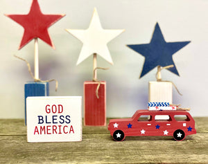 Patriotic red station wagon, 4th of July decor, Wood station wagon, Tiered tray decor, Faux firecrackers, God bless America sign