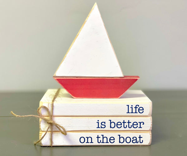 Wood boat decor, Nautical book stack, Wood sailboat, Handmade, Nautical decor, Lake house, Cottage, Tiered tray decor