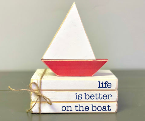 Wood boat decor, Nautical book stack, Wood sailboat, Handmade, Nautical decor, Lake house, Cottage, Tiered tray decor