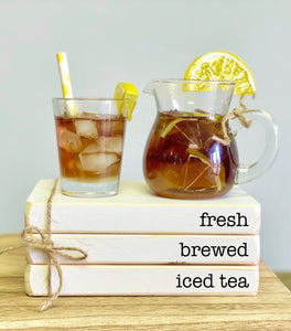 Iced tea pitcher and glass,  Book stack, Tiered tray, Faux tea, Summer decor, Sweet tea