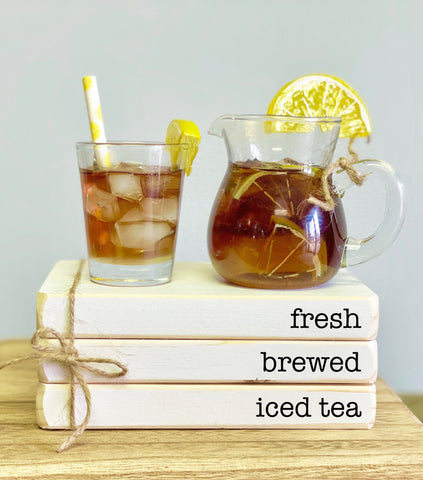 Iced tea pitcher and glass,  Book stack, Tiered tray, Faux tea, Summer decor, Sweet tea