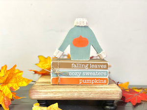 Fall book stack, Wooden sweater, Fall tiered tray, Pumpkin sweater, Fall decor, Handmade unique gifts