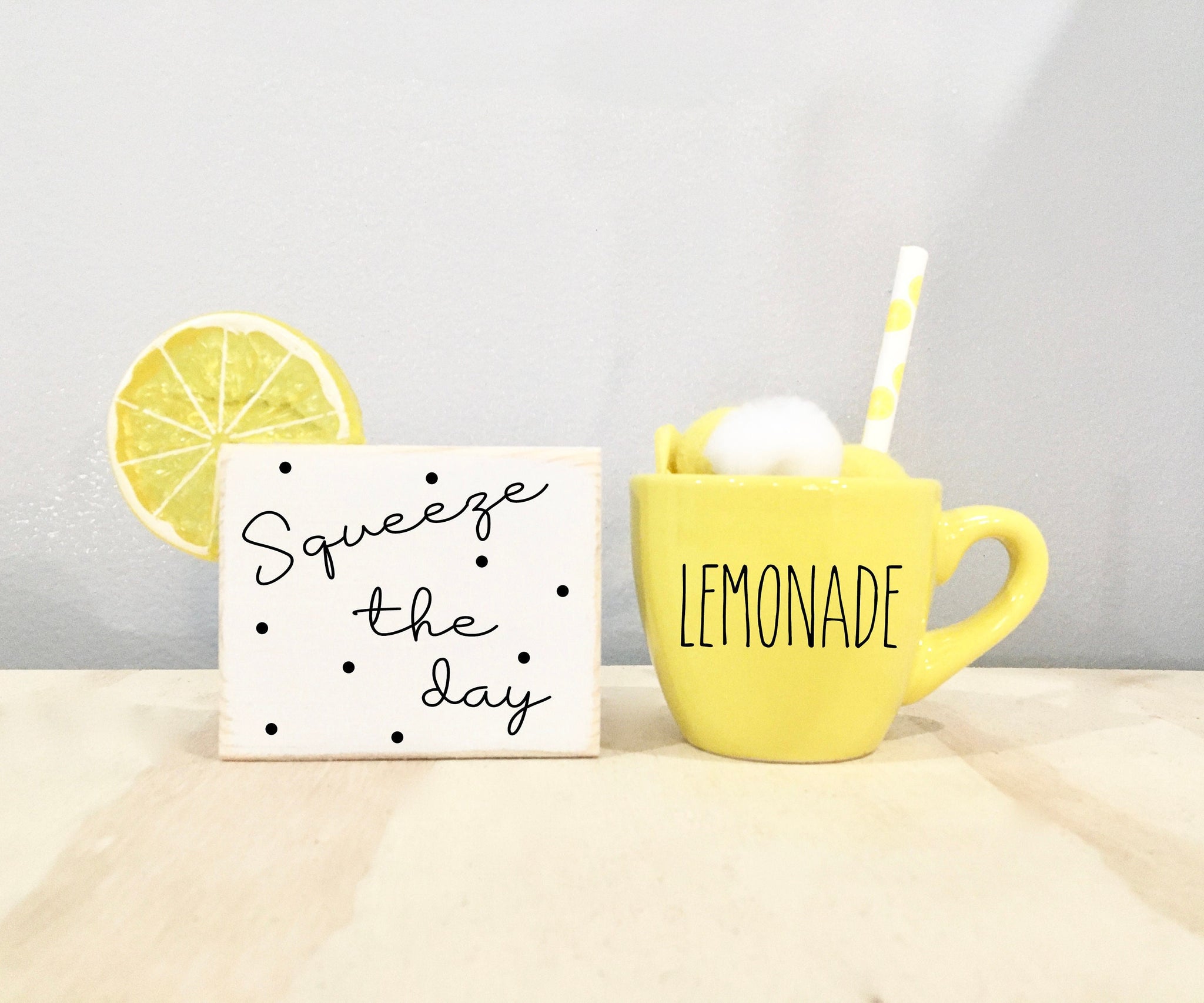 Lemonade mug, Tiered tray sign, Lemons, Squeeze the day, mini mug, summer decor, Lemonade decor, Lemon tiered tray, Mug and sign set