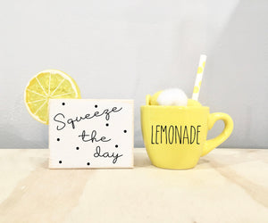 Lemonade mug, Tiered tray sign, Lemons, Squeeze the day, mini mug, summer decor, Lemonade decor, Lemon tiered tray, Mug and sign set