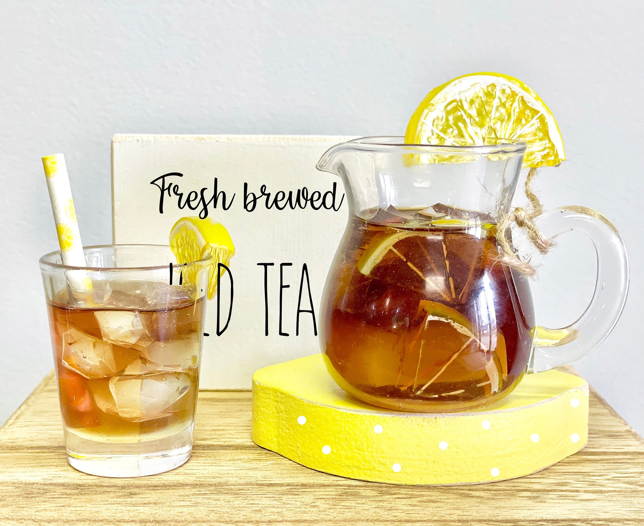 Iced tea pitcher and glass, Wooden lemon, Mini pitcher, Tiered tray, Faux glass of iced tea, Summer, Lemon decor, Wooden sign