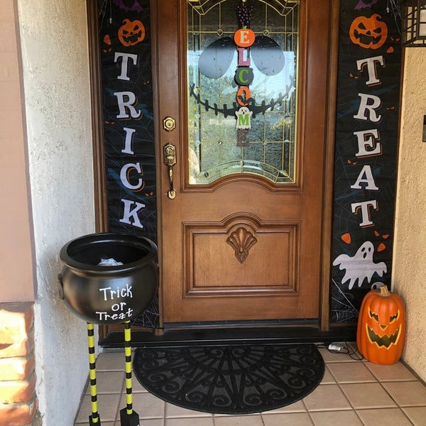 Halloween decor, Black cauldron candy bowl, Witch feet for Halloween, Fall porch decor
