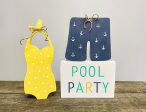 Wooden swim trunks and bathing suit, Pool party sign, Tiered tray, Summer decor, Lake house, Cottage, Nautical decor