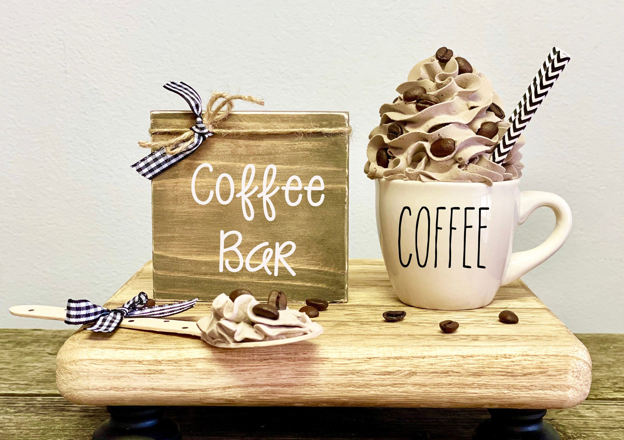 Coffee mug with faux whipped cream topper, Wooden spoon, Coffee bar sign, Mini mug for tiered trays