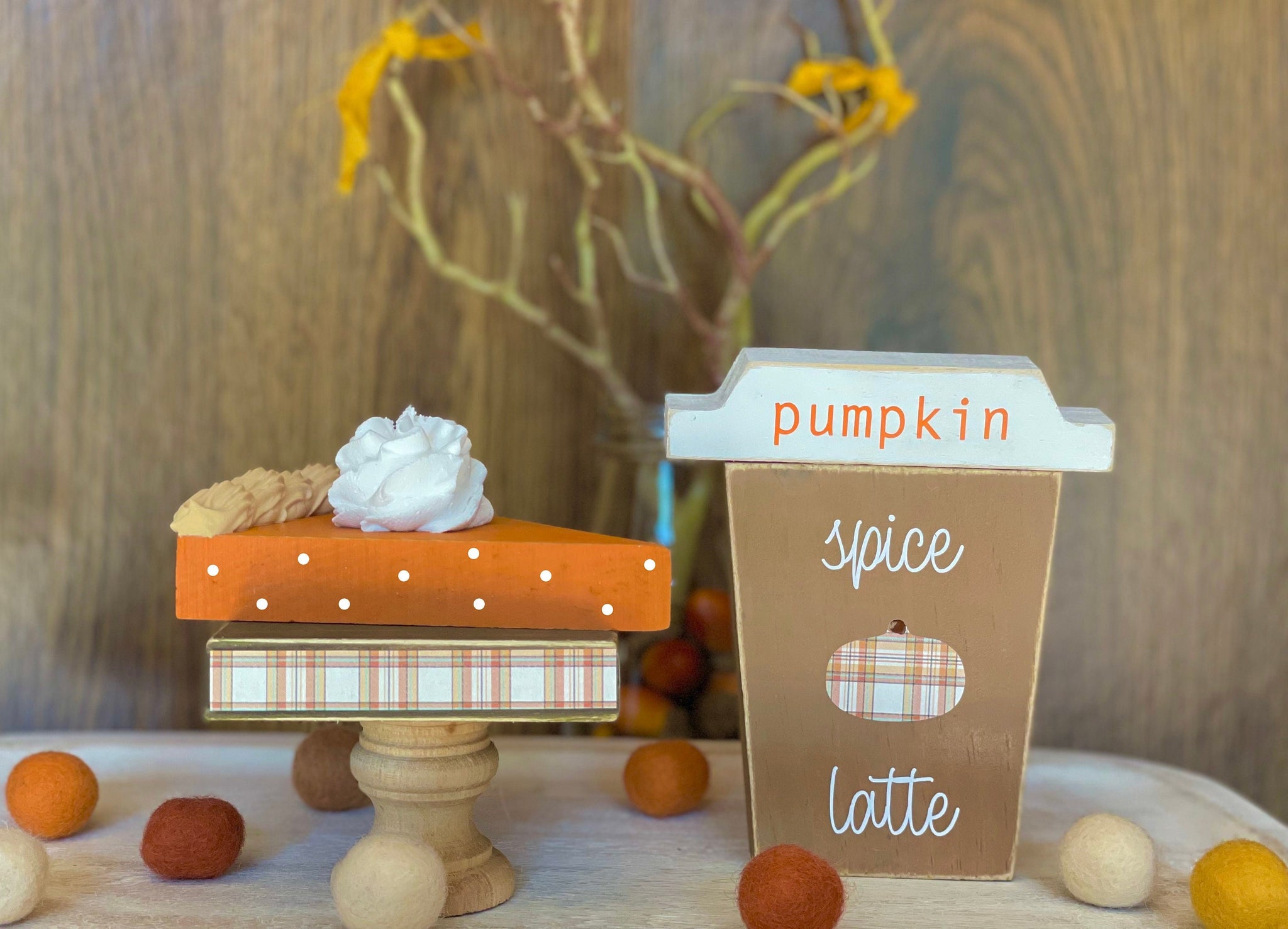 Fall decor, Thanksgiving hostess gift, Wood pumpkin spice latte, Faux pumpkin pie, Wooden coffee to go cup, Tiered tray, Coffee bar signs