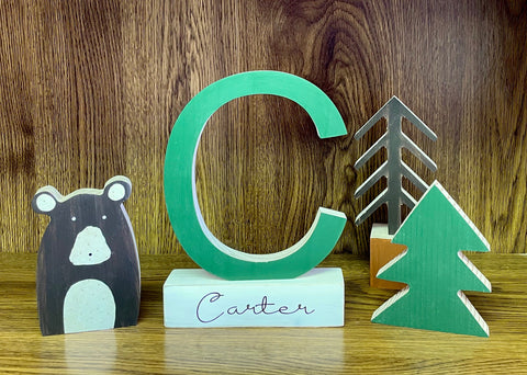 Personalized woodland nursery decor, Wooden letter, Modern nursery, Green initial, Baby shower gift, Wooden animals for nursery, Boy room
