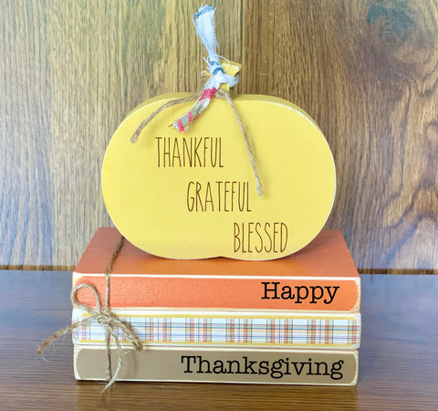 Thanksgiving book stack, Fall tiered tray, Fall decor, Wooden books, Plaid, book bundle, Wooden pumpkin