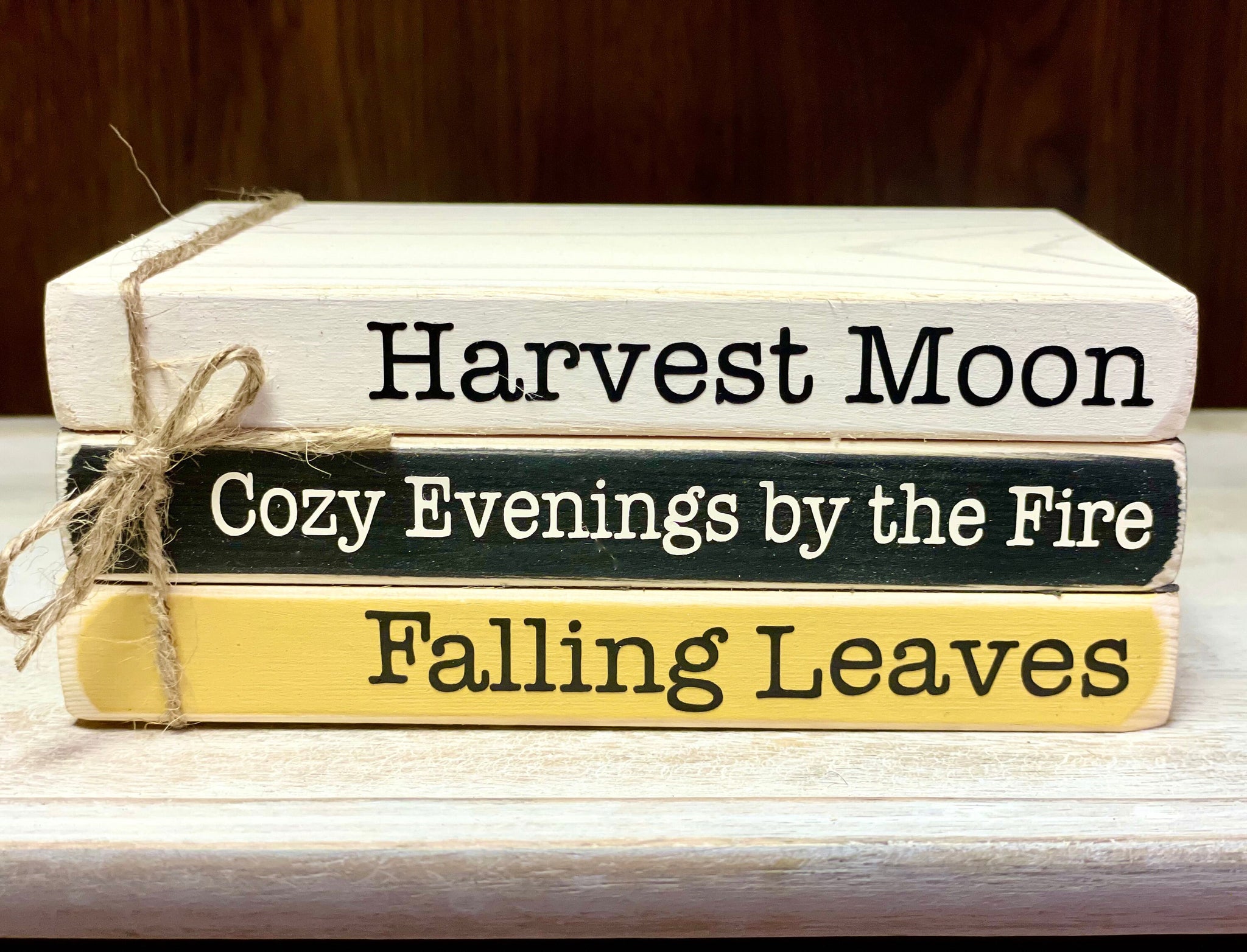 Fall tiered tray, Book stack, Halloween decorations, Fall decor, Wooden moon, Handmade unique gifts