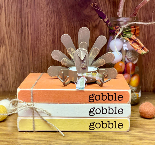 Thanksgiving decor, Gobble gobble, Fall tiered tray, Wooden books, Fall book book stack, Turkey candle holder