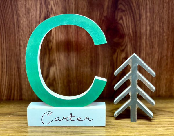 Personalized woodland nursery decor, Wooden letter, Modern nursery, Green initial, Baby shower gift, Wooden animals for nursery, Boy room