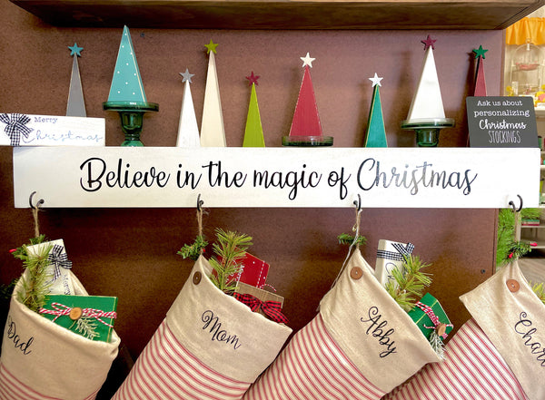 Family stocking holder for mantle, wooden box, Christmas stocking hanger, pet stocking hook, Believe in the magic, white decor