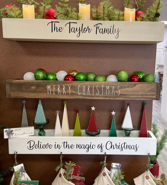 Family stocking holder for mantle, wooden box, Christmas stocking hanger, pet stocking hook, Believe in the magic, white decor