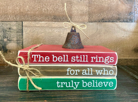 Christmas books, Holiday tiered tray decor, Rustic bell, Mini book stack, Christmas decor,