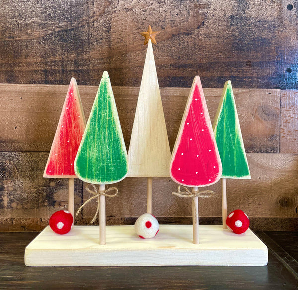 Wooden Christmas trees, Red and green forest, Unique gift for teacher and hostess