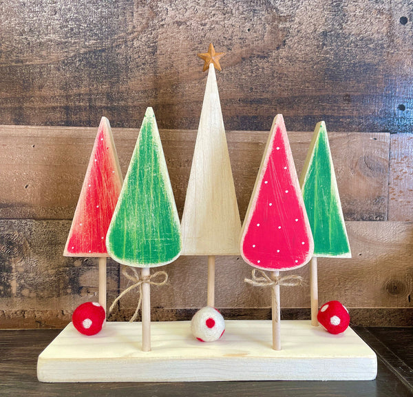 Wooden Christmas trees, Red and green forest, Unique gift for teacher and hostess