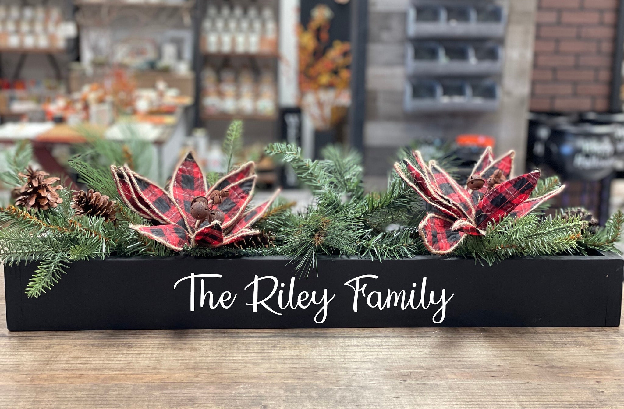 Personalized Christmas centerpiece, Wooden box for table, floral arrangement, Plaid poinsettia