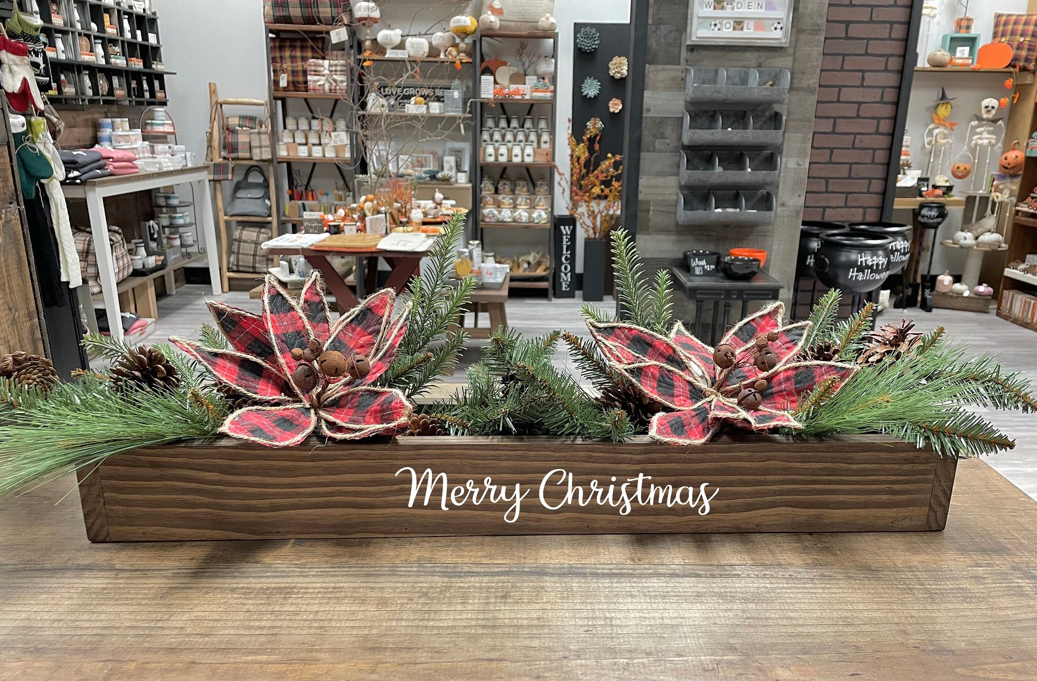 Personalized Christmas centerpiece, Wooden box for table, Christmas floral arrangement, Plaid poinsettia, Christmas decor, Hostess gift