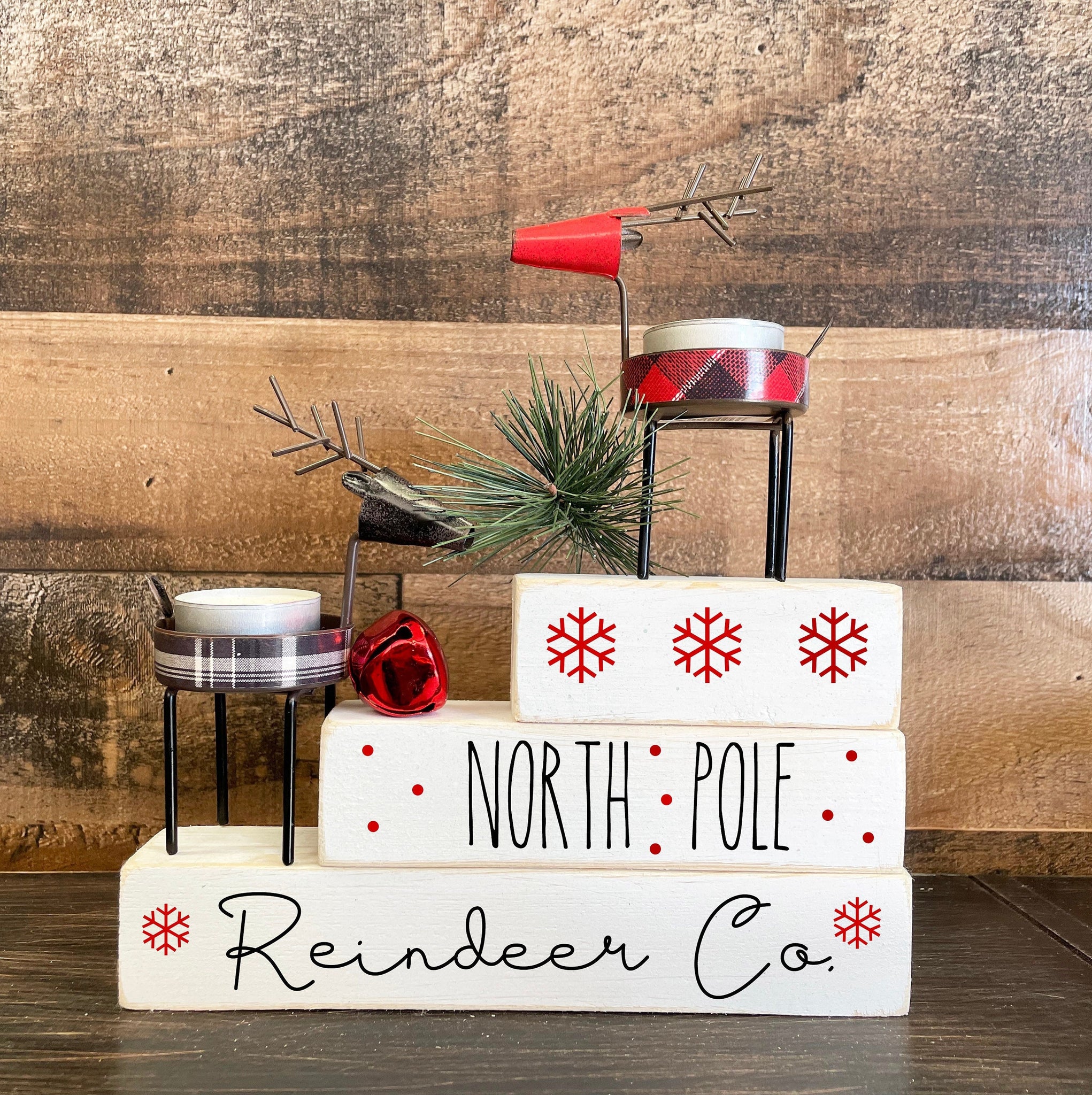 Reindeer candle holders, Wood Christmas blocks, Holiday tiered tray, Teacher and hostess gift, Plaid farmhouse