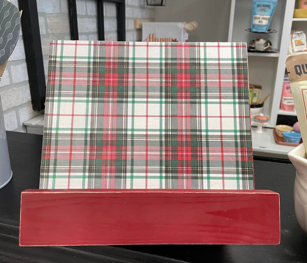 Plaid wood cookbook stand, recipe holder for counter, Christmas decor, Adjustable, iPad, Tablet, Kitchen decor