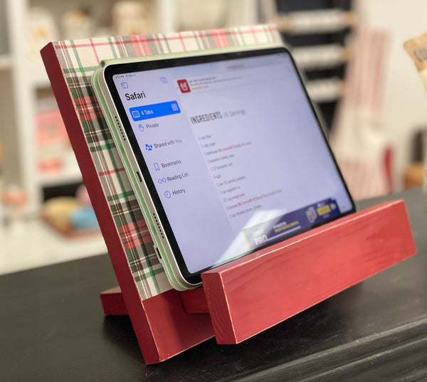 Plaid wood cookbook stand, recipe holder for counter, Christmas decor, Adjustable, iPad, Tablet, Kitchen decor