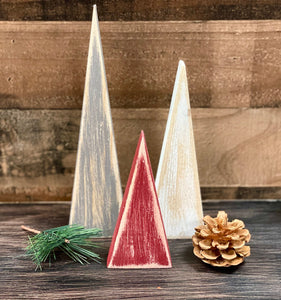 Rustic wooden Christmas trees, Set of 3, Farmhouse decor, Shelf sitters, Holiday tiered tray, Gray, white and red
